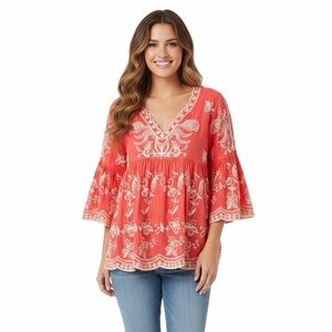 Solitaire Women L Boho Coral White Embroidered Bell Sleeve Peasant Top